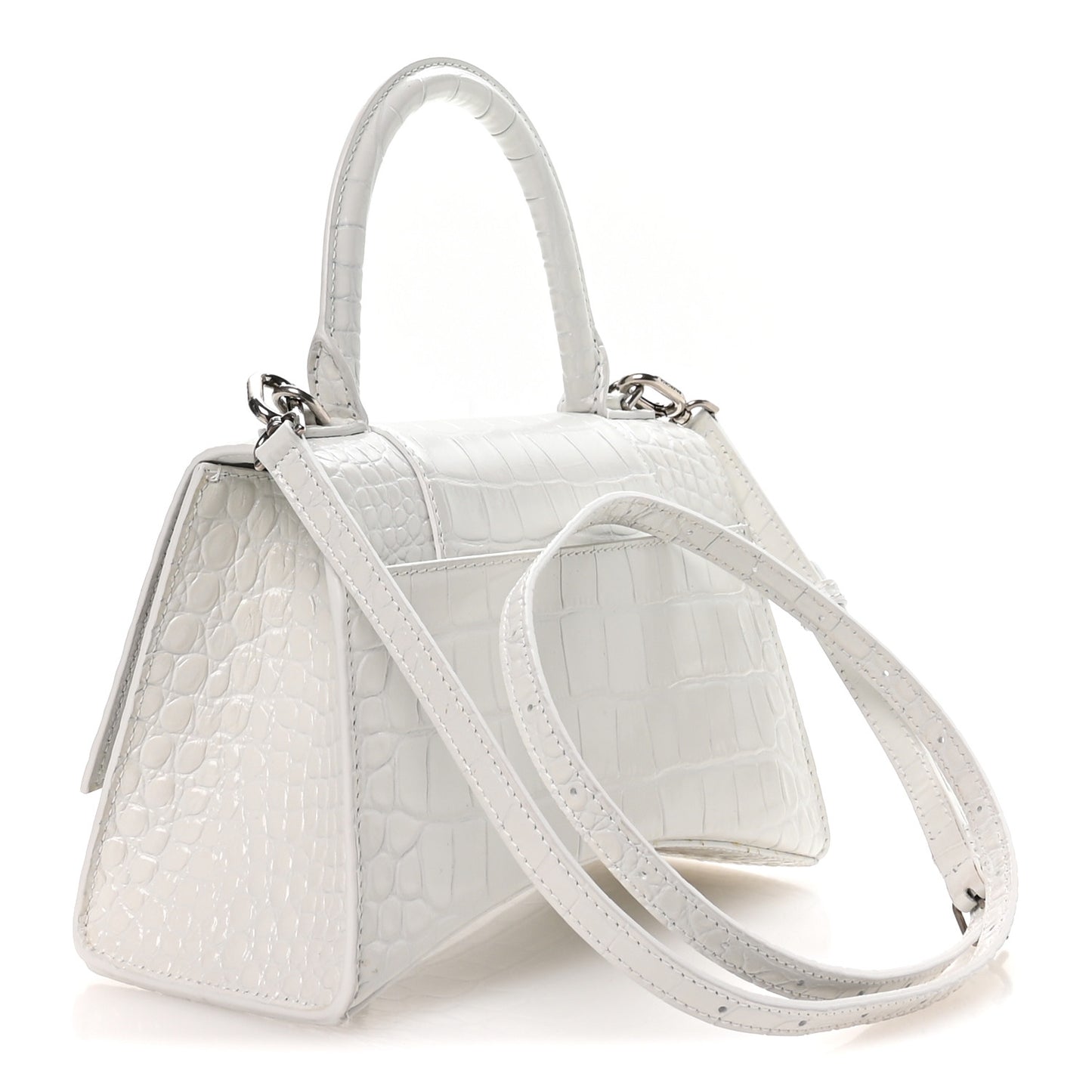 Shiny Calfskin Crocodile Embossed Small Hourglass Top Handle Bag White
