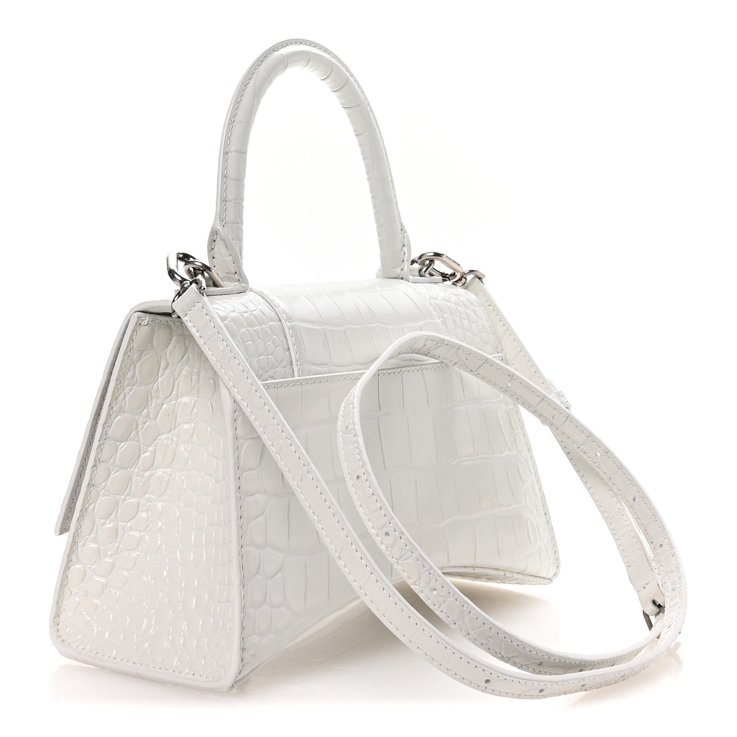 Balenciaga Shiny Calfskin Crocodile Embossed Small Hourglass Top Handle Bag White 3 of 10