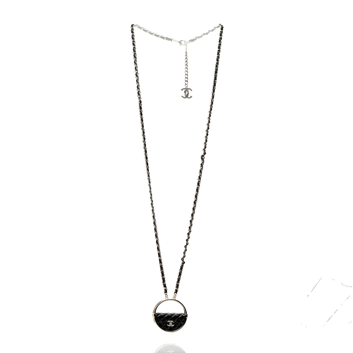 Chanel Metal Resin Quilted Flap Bag Hoop Mirror Necklace Black Gold 3 of 7