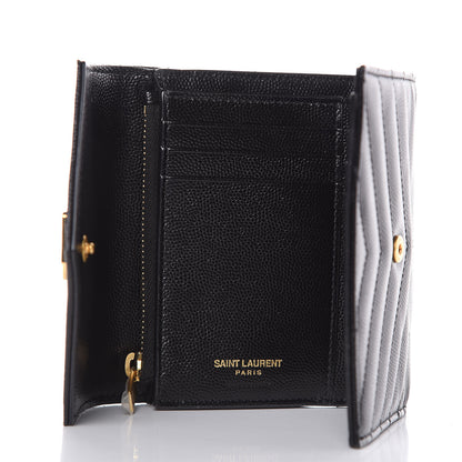 Saint Laurent Grain De Poudre Matelasse Chevron Monogram Compact Tri Fold Wallet Black 5 of 8
