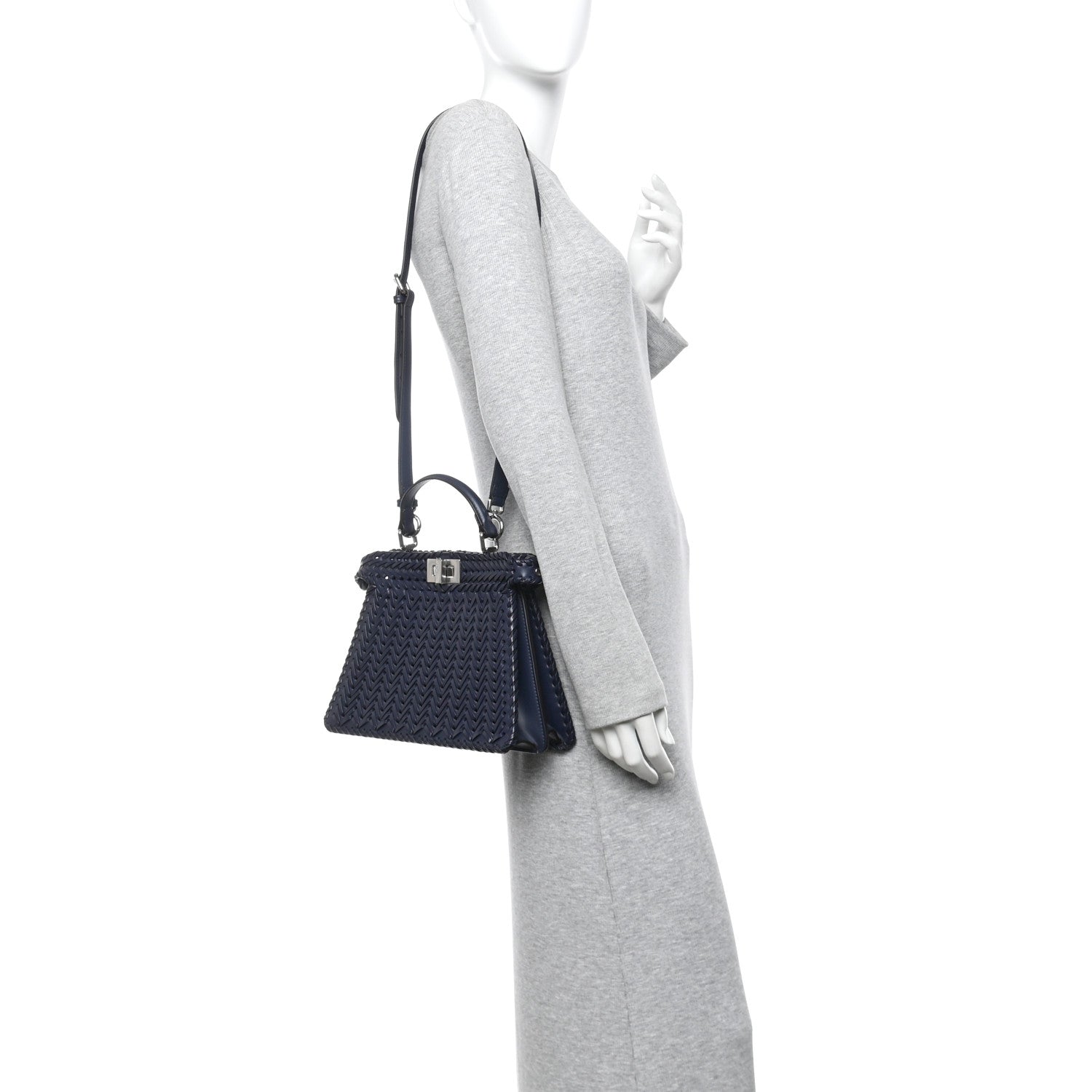 Fendi Vitello King Shiny Nappa Intreccio Petite Peekaboo I SEE U Satchel Midnight 2 of 9