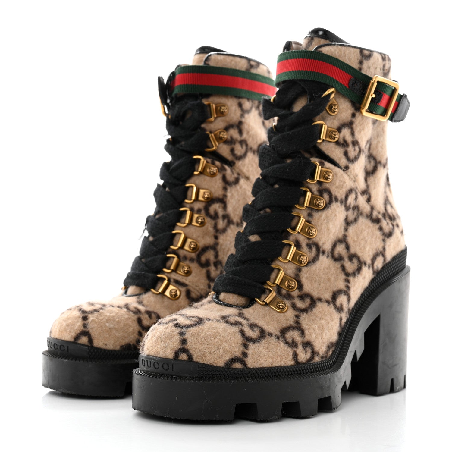 Gucci Covered Wool GG Monogram Womens Lace Up Combat Ankle Boots 36 Beige Ebony Black 3 of 8