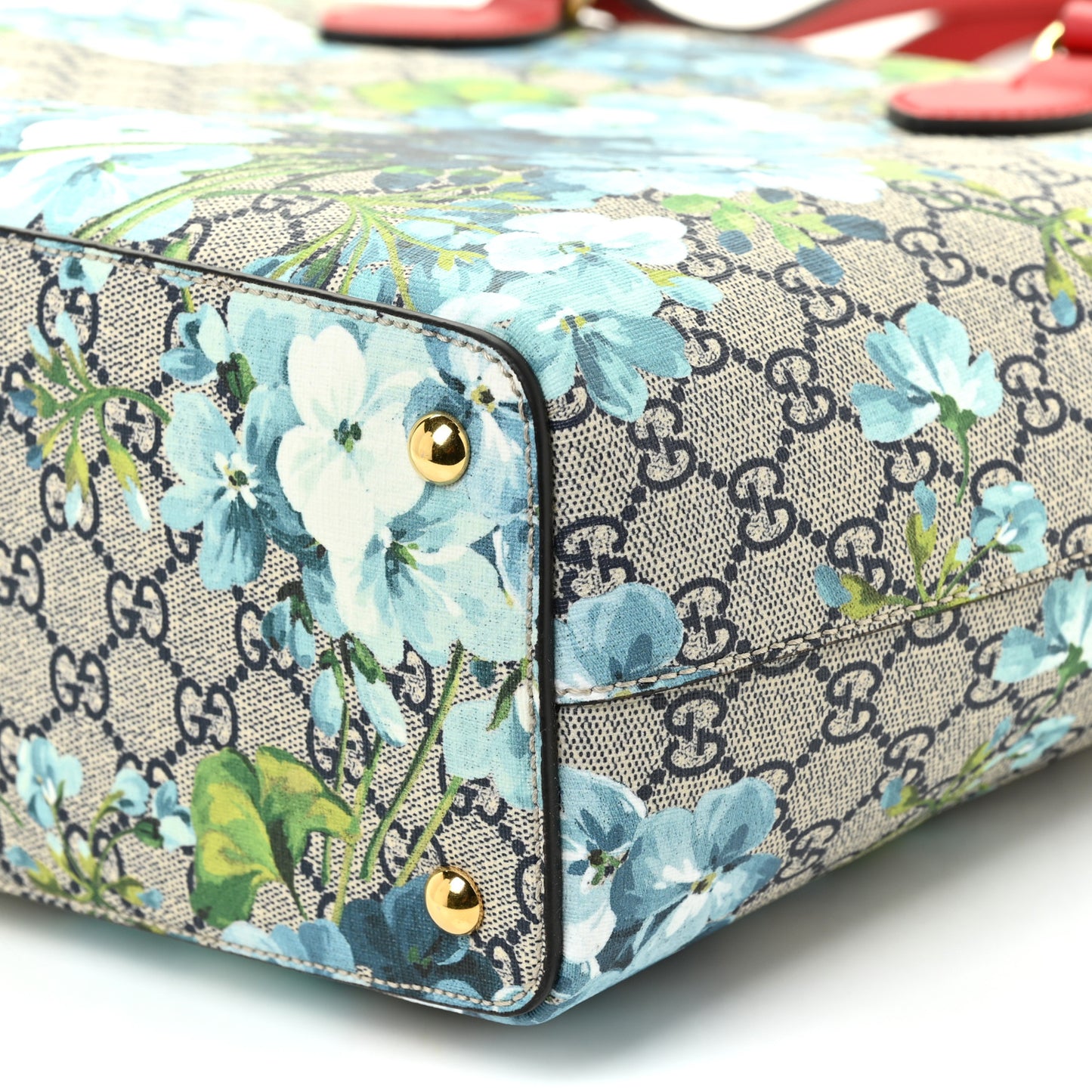 GG Supreme Monogram Blooms Medium Zippered Bucket Tote Beige Blue Navy Hibiscus Red