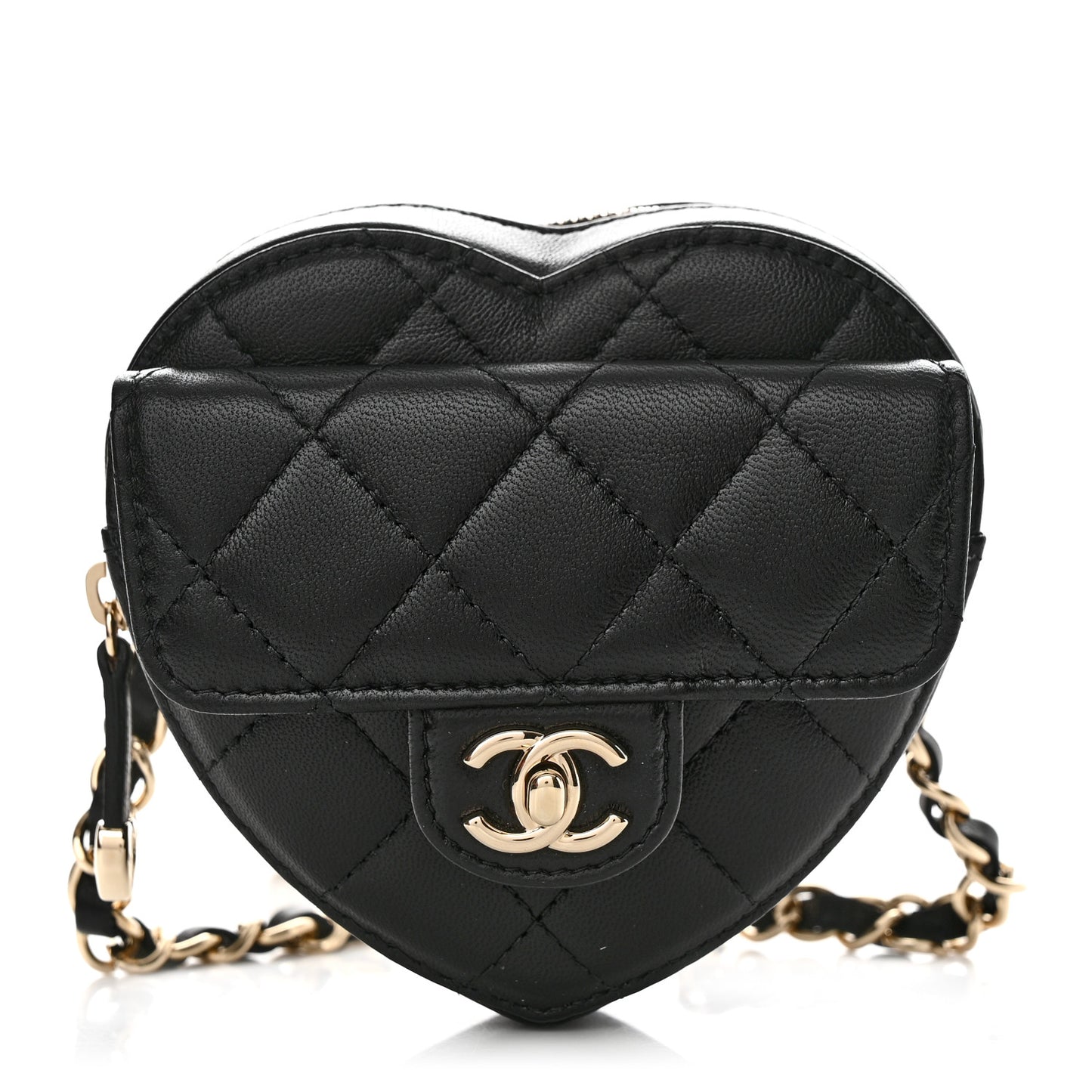 Lambskin Quilted CC In Love Heart Waist Belt Bag With Chain Black