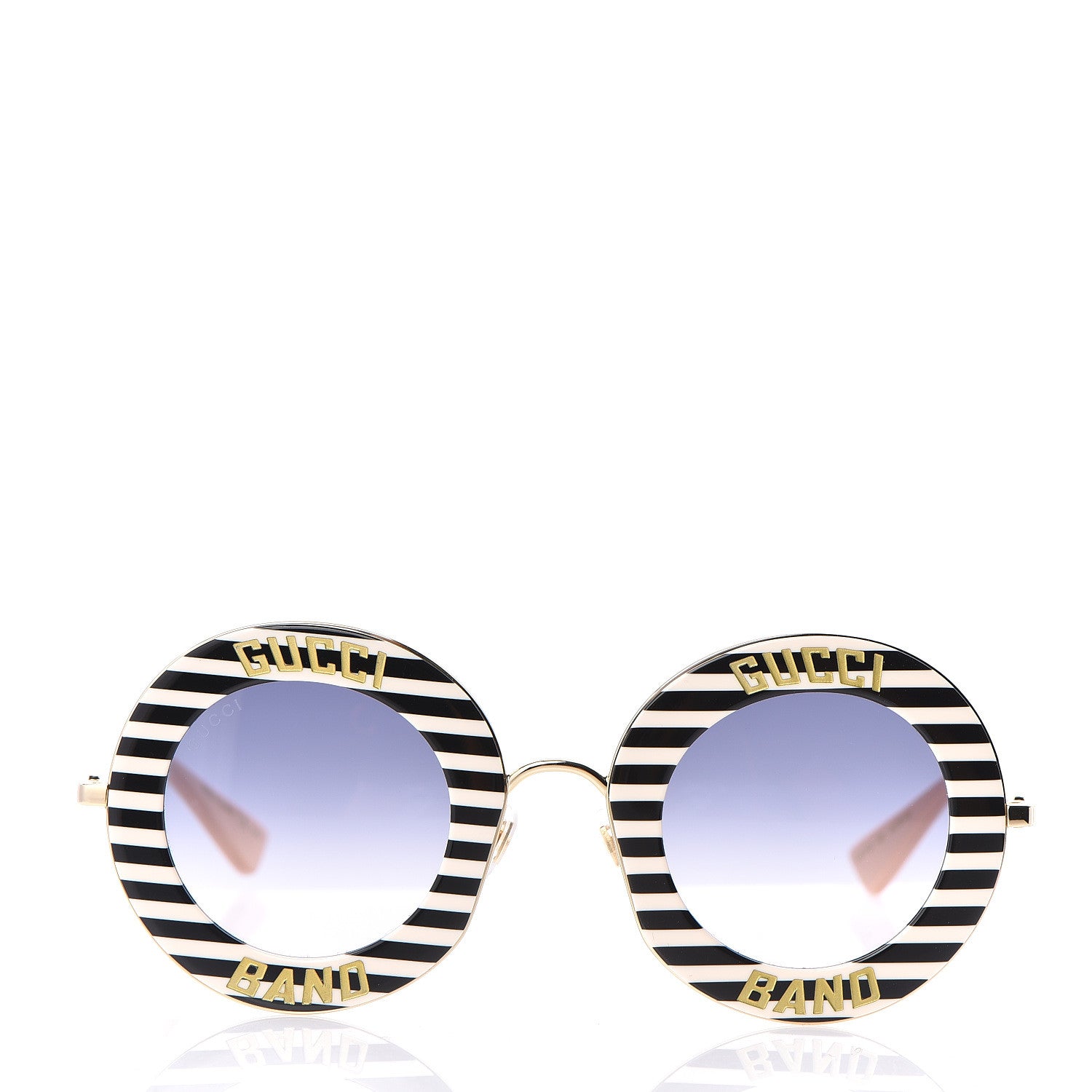 Gucci Metal Acetate Striped Gucci Band Round Frame Sunglasses GG0113S Black White 2 of 6
