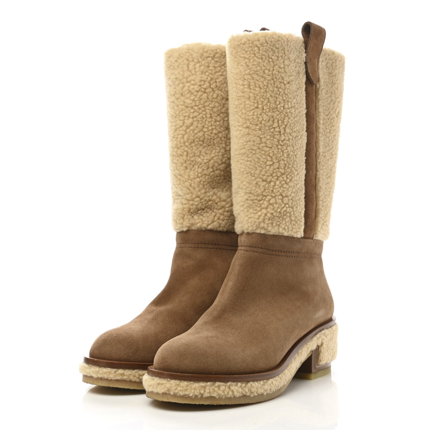 Shearling Suede Calfskin High Boots 36 Brown Beige