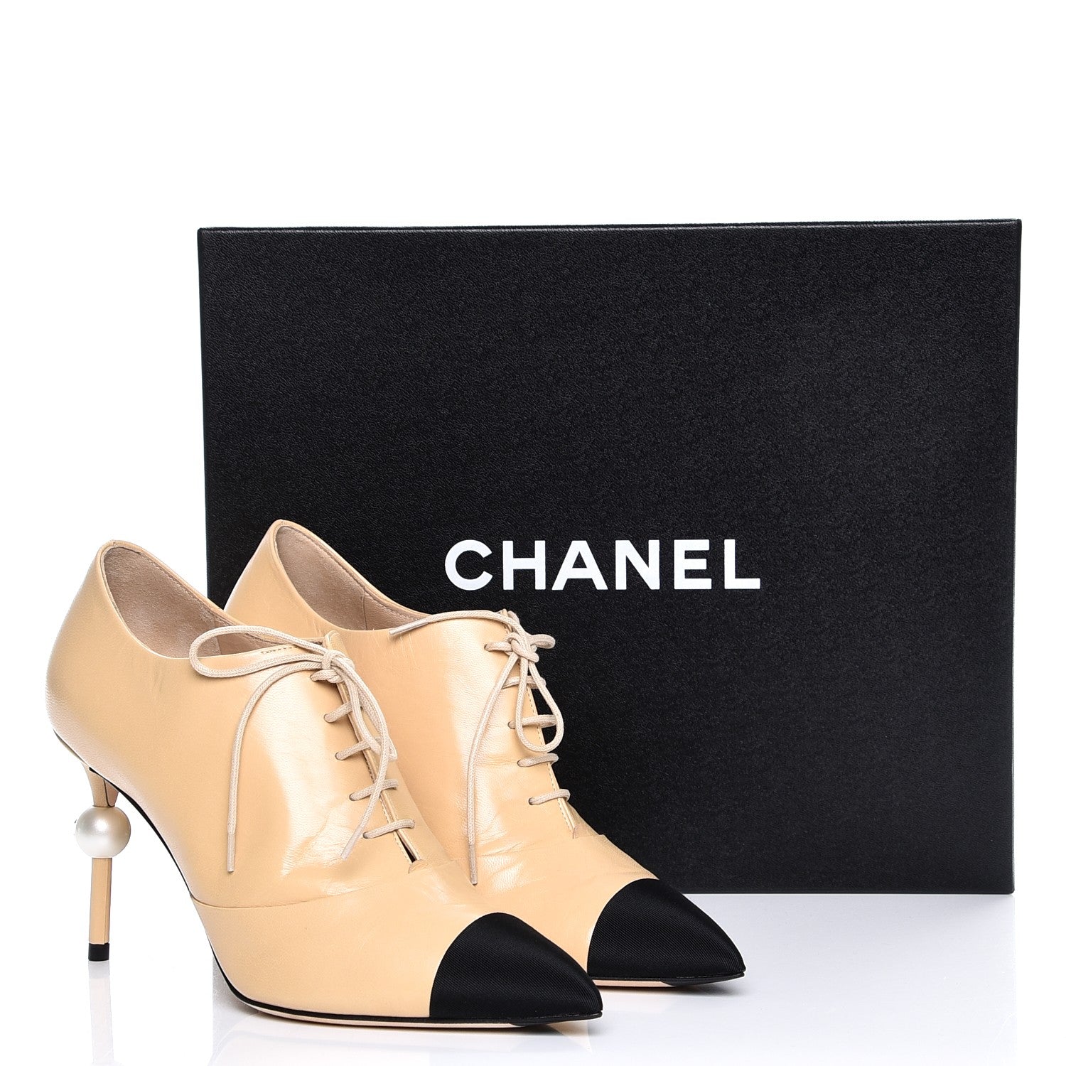 Chanel Goatskin Lace Up Cap Toe Booties 38 in Beige Black 9 of 9