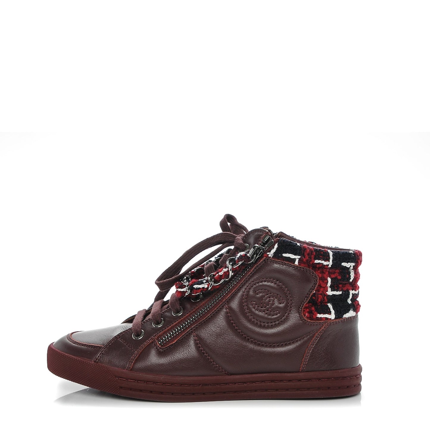 Lambskin Tweed Chain CC Sneakers 35 Burgundy Navy White