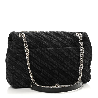 Balenciaga Destroyed Denim Jacquard Logo Matelasse M BB Round Shoulder Bag Black 2 of 8
