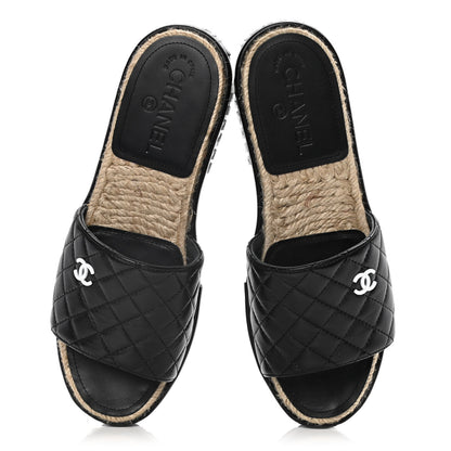 Chanel Lambskin Quilted CC Espadrille Slip On Sandals 39 Black 5 of 14