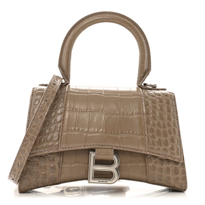 Balenciaga Shiny Calfskin Crocodile Embossed Hourglass Top Handle Bag XS Mink Grey 1 of 13