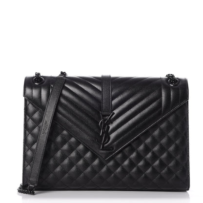 Saint Laurent Grain De Poudre Textured Mixed Matelasse Large Triquilt Monogram Monochrome Satchel Black 1 of 7