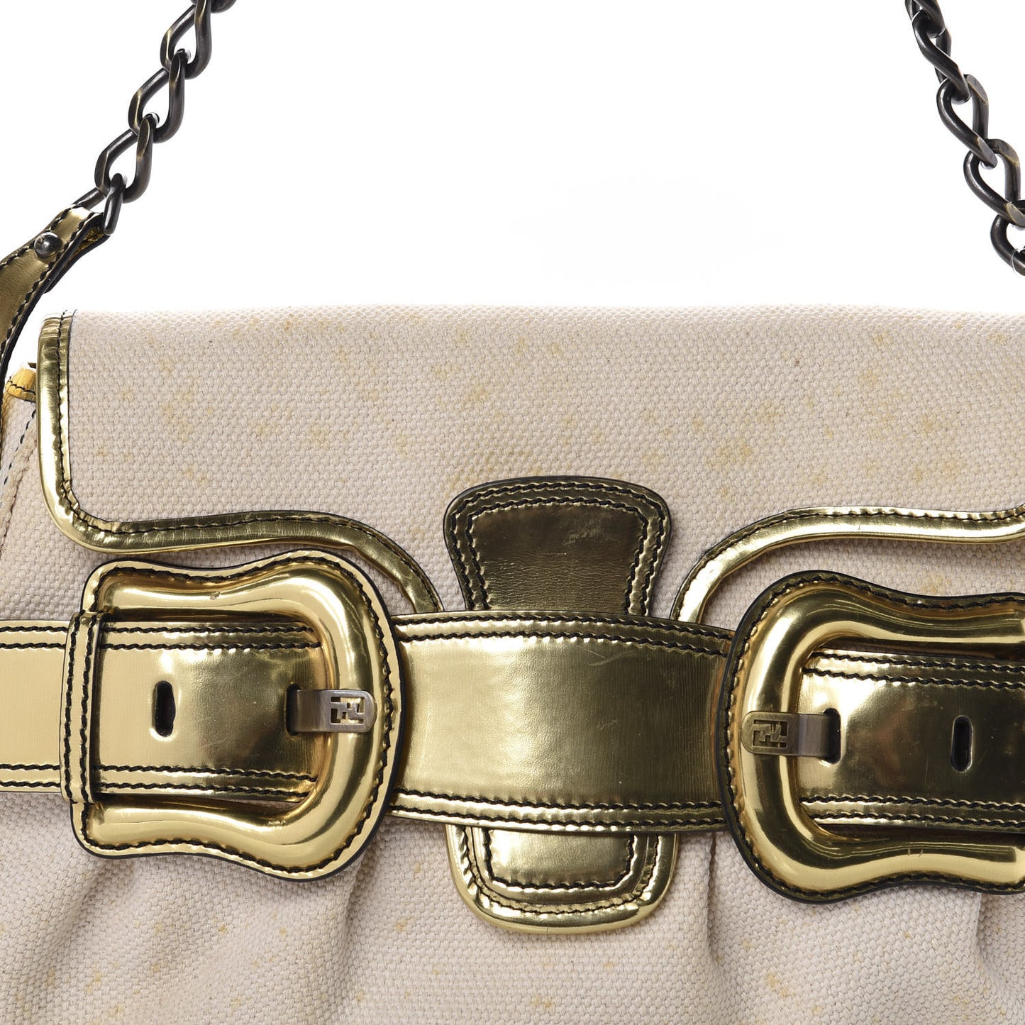 Canvas Metallic Calfskin B Bis Flap Bag Natural Gold