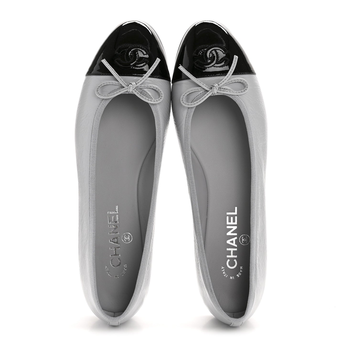 Shiny Crumpled Calfskin Patent CC Cap Toe Ballerina Flats 41 Grey Black
