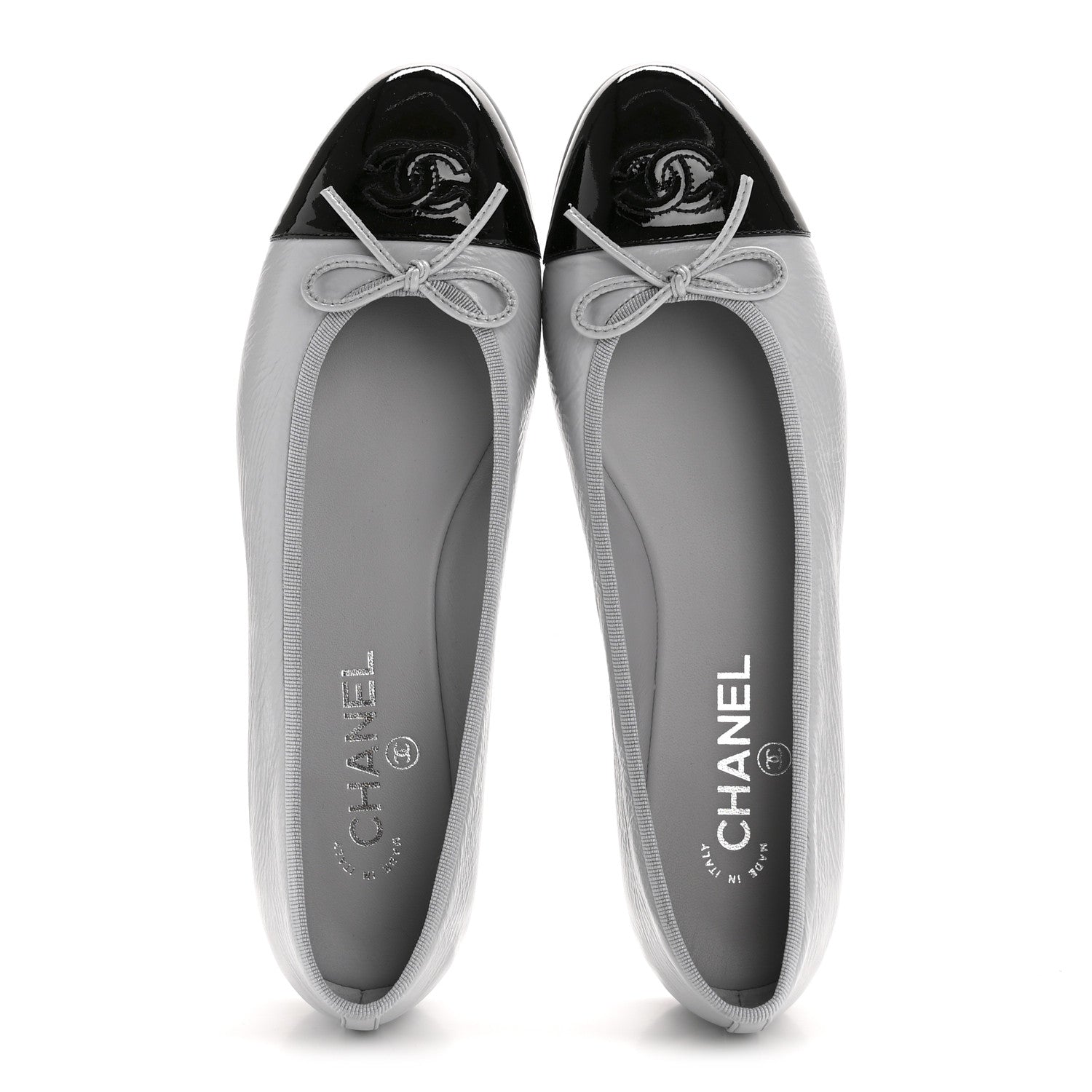 Chanel Shiny Crumpled Calfskin Patent CC Cap Toe Ballerina Flats 41 Grey Black 2 of 10