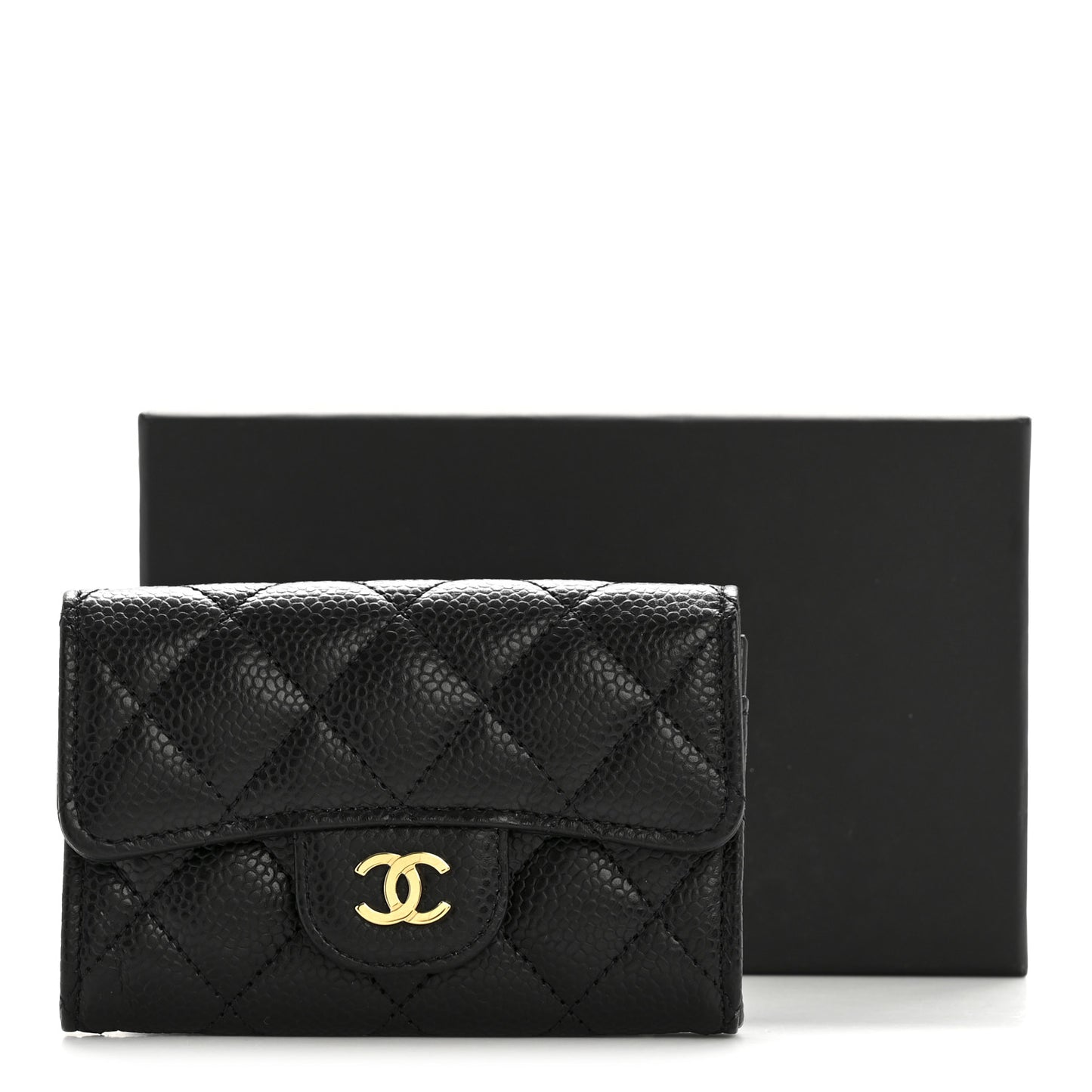 Caviar Quilted Flap Card Holder Wallet Black