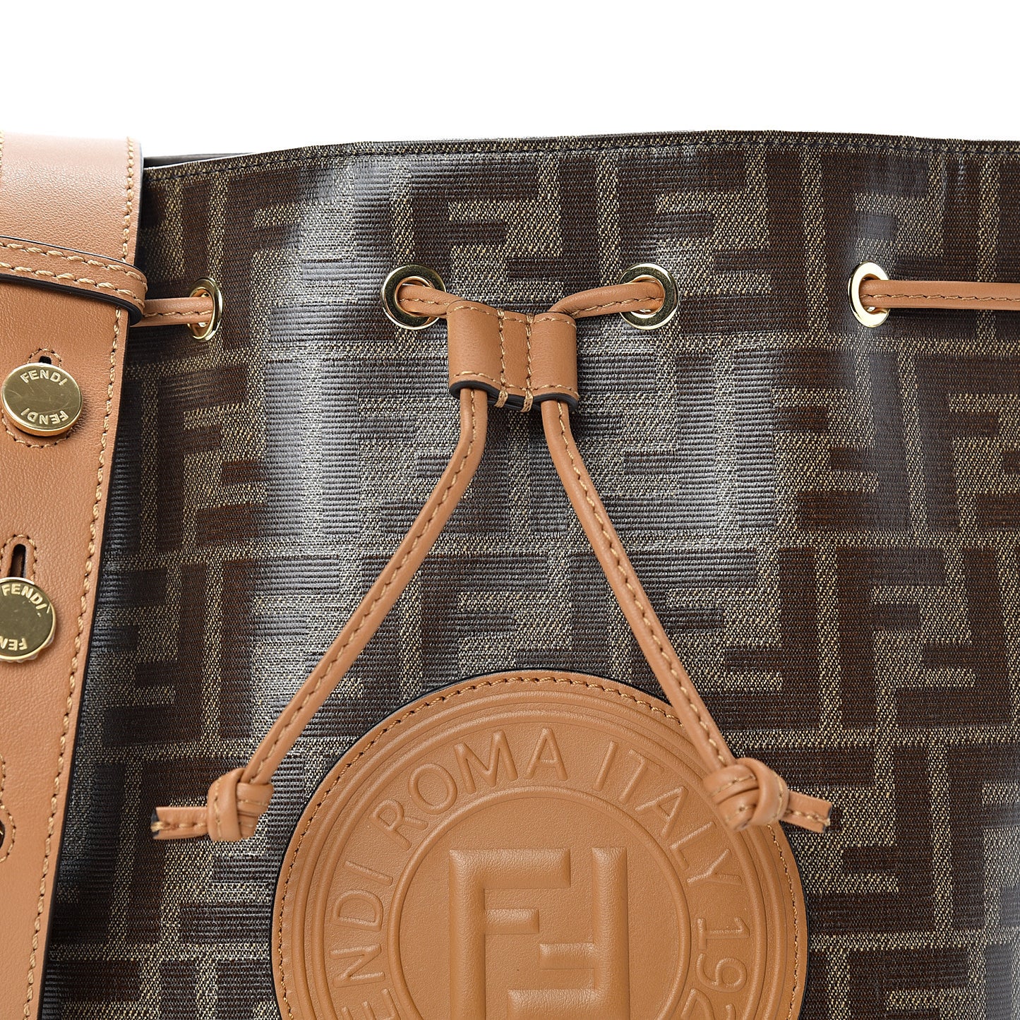 Glazed Fabric Vitello Grace F is Fendi FF 1974 Stamp Patch Grande Mon Tresor Bucket Bag Mogano Panna Nocciola