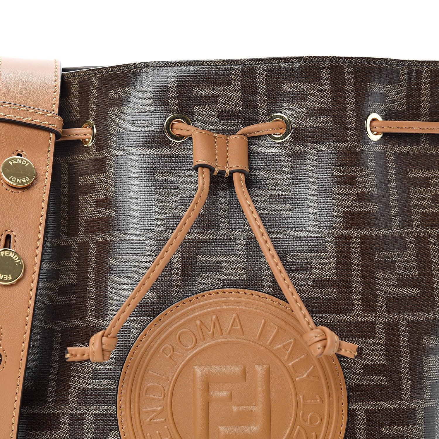 Fendi Glazed Fabric Vitello Grace F is Fendi FF 1974 Stamp Patch Grande Mon Tresor Bucket Bag Mogano Panna Nocciola 7 of 9