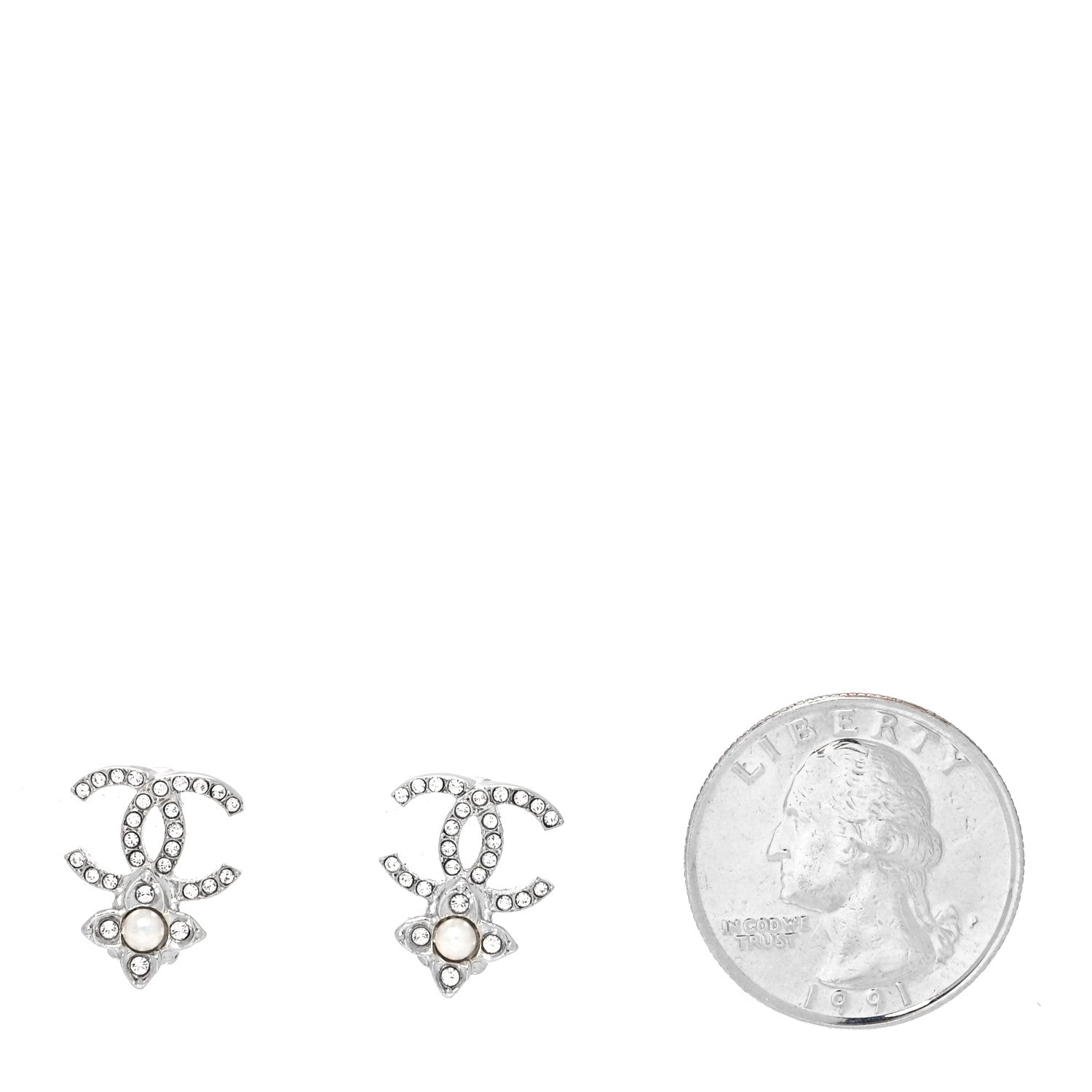 Chanel Crystal Pearl Flower CC Earrings Silver 2 of 4