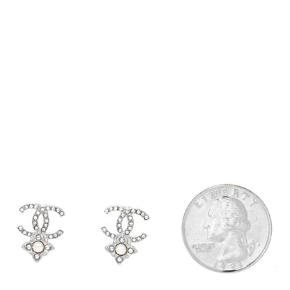 Chanel Crystal Pearl Flower CC Earrings Silver 2 of 4
