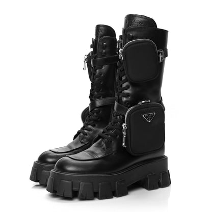 Prada Vitello Lux Nylon Metal Triangle Logo Monolith Pouch Pocket 55mm Tall Combat Boots 38.5 Black 3 of 8