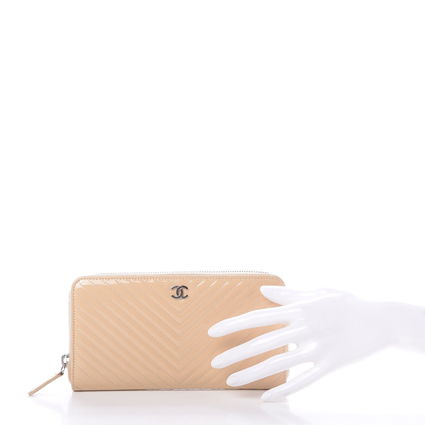 Patent Chevron Quilted Zip Around Wallet Beige