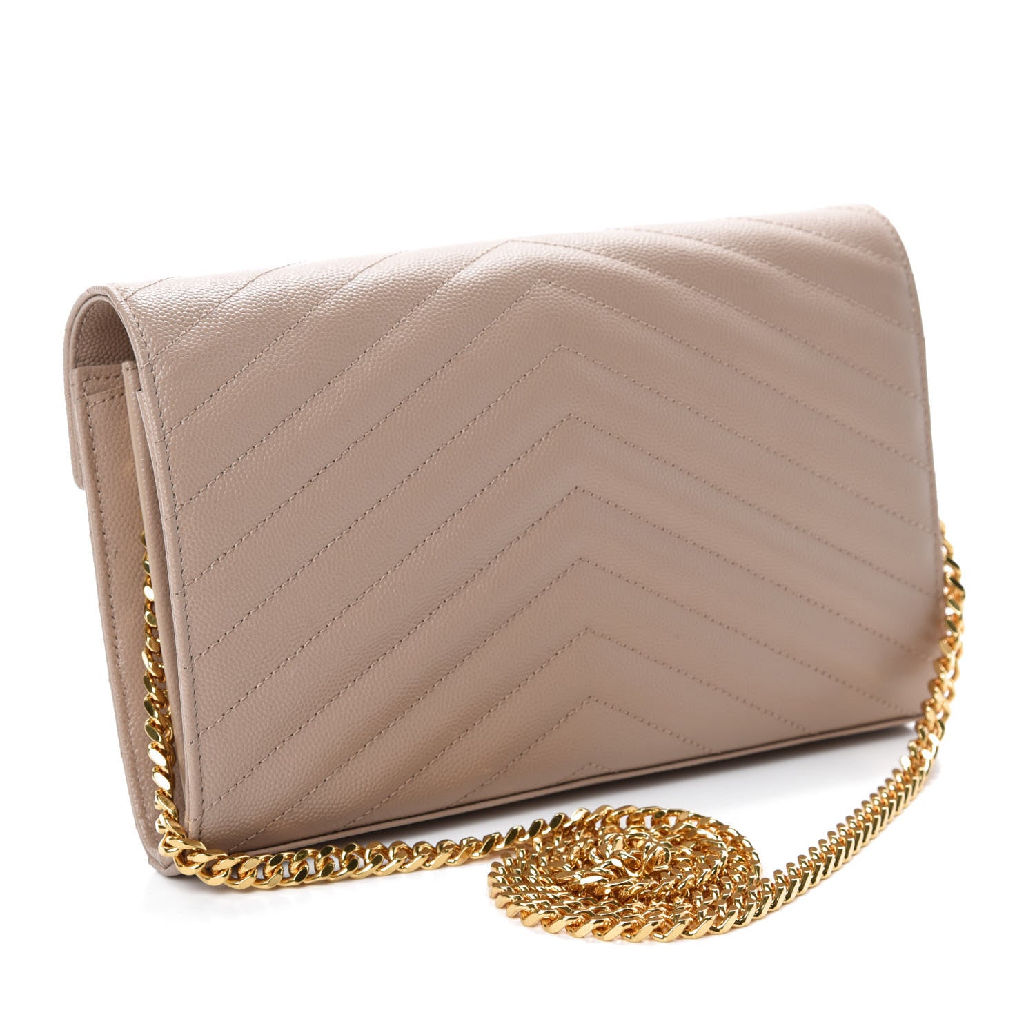 Saint Laurent Grain De Poudre Matelasse Chevron Monogram Walllet on Chain Dark Beige 3 of 11