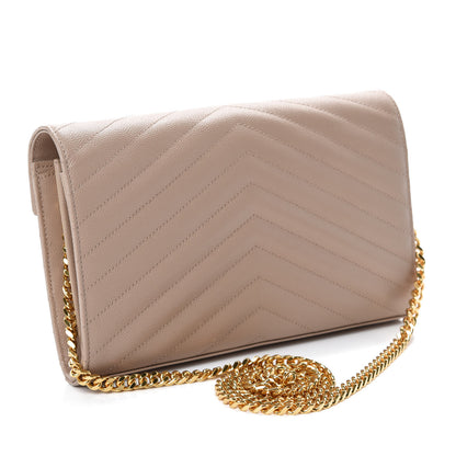 Saint Laurent Grain De Poudre Matelasse Chevron Monogram Walllet on Chain Dark Beige 3 of 11