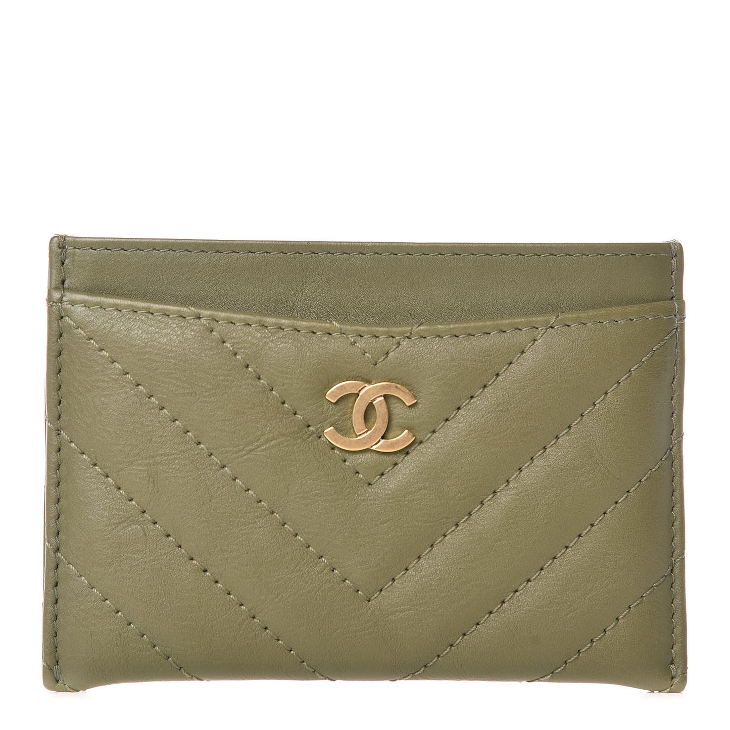 Calfskin Chevron Quilted Card Holder Khaki