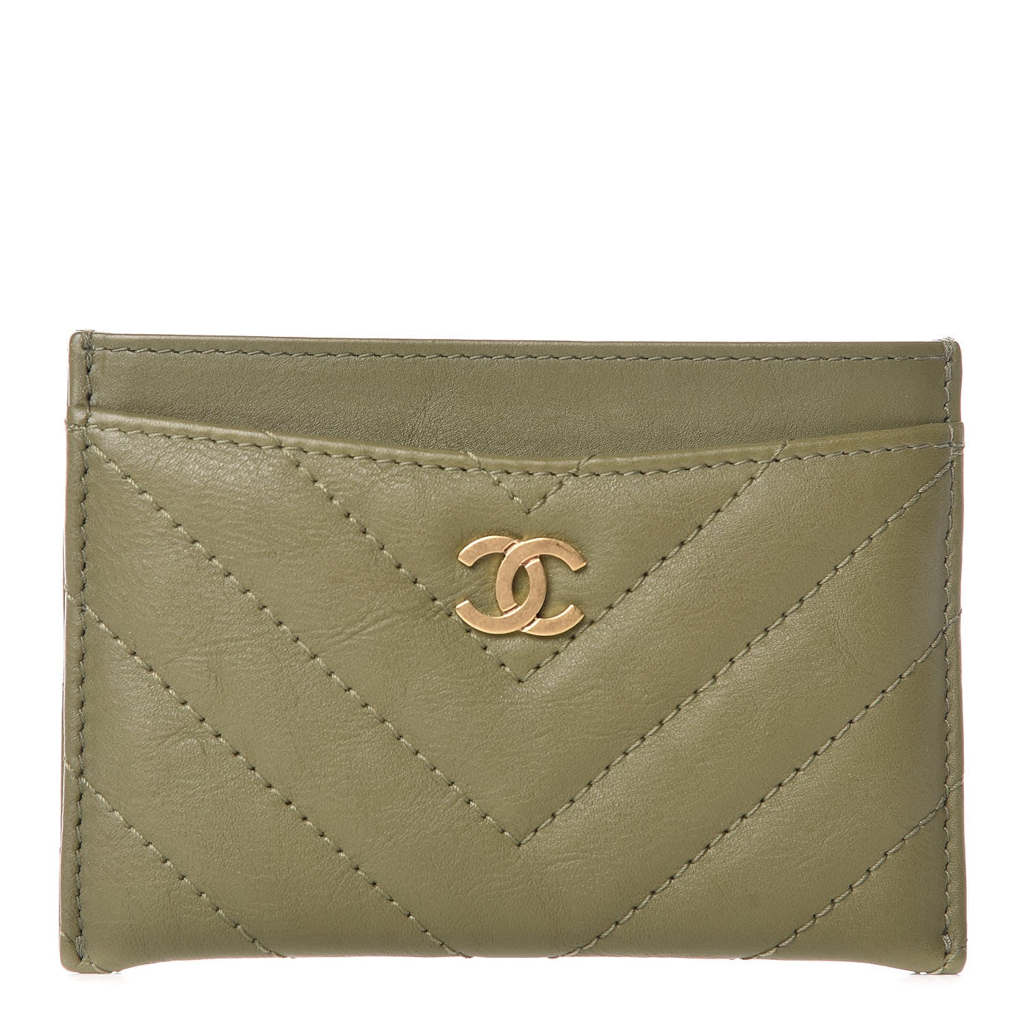 Chanel Calfskin Chevron Quilted Card Holder Khaki 1 of 9