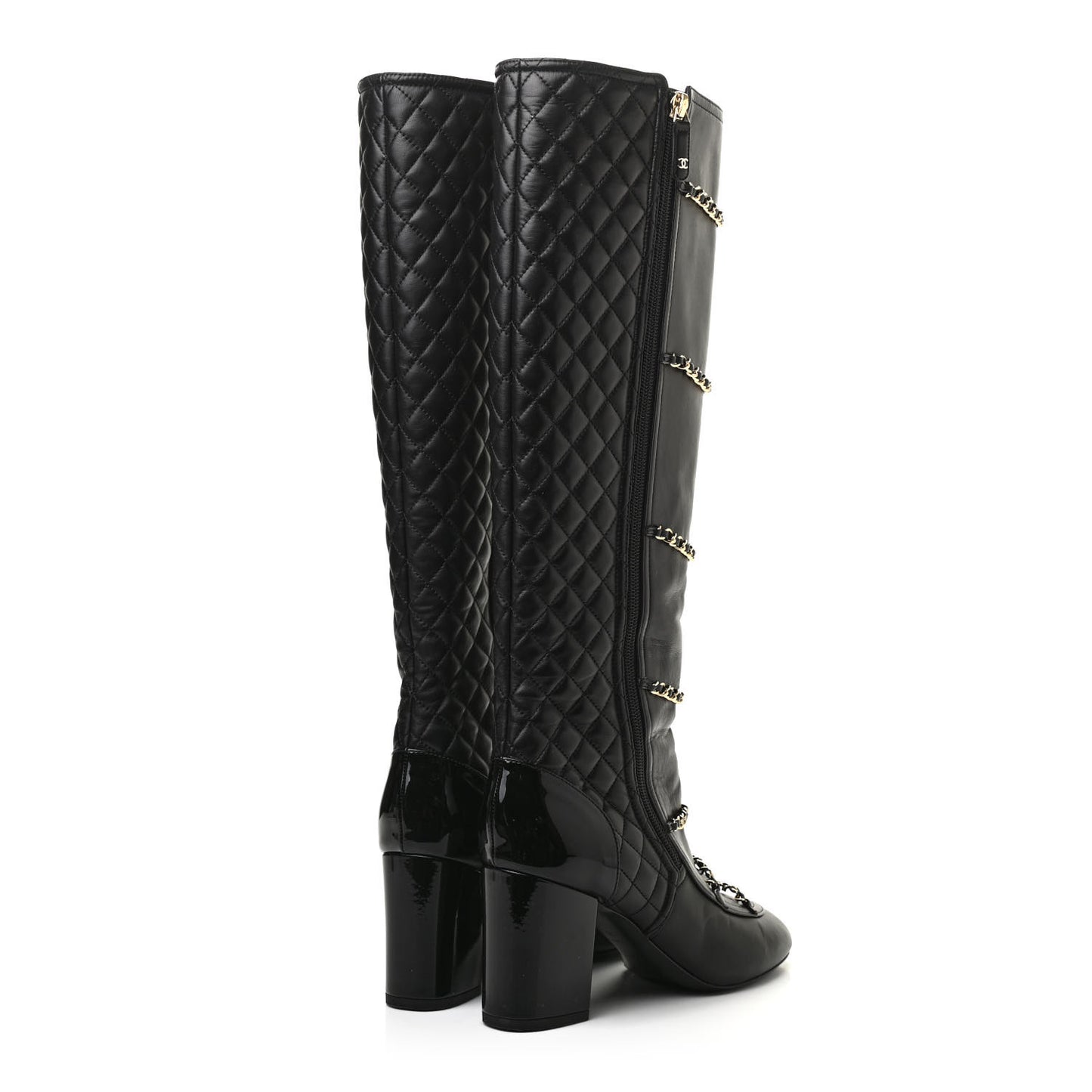 Lambskin Patent Calfskin Chained High Boots 39 Black