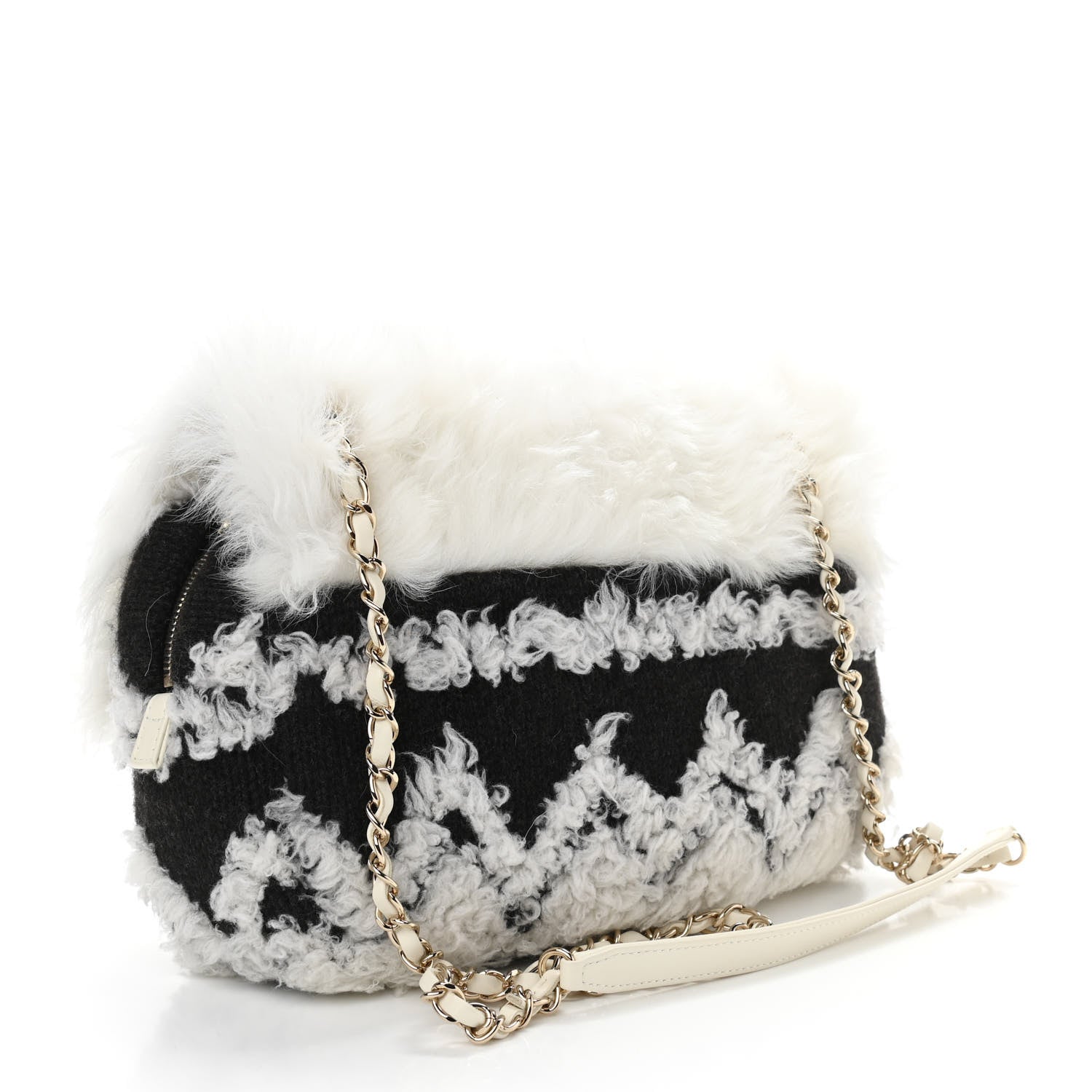 Chanel Wool Shearling Sheepskin Zip Around Flap Black Ecru 3 of 11