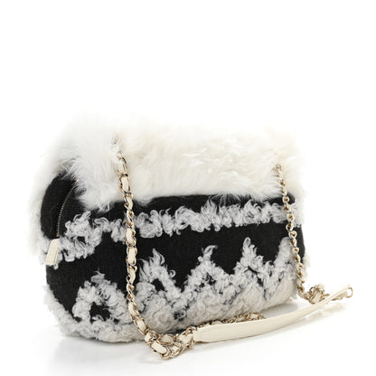 Chanel Wool Shearling Sheepskin Zip Around Flap Black Ecru 3 of 11