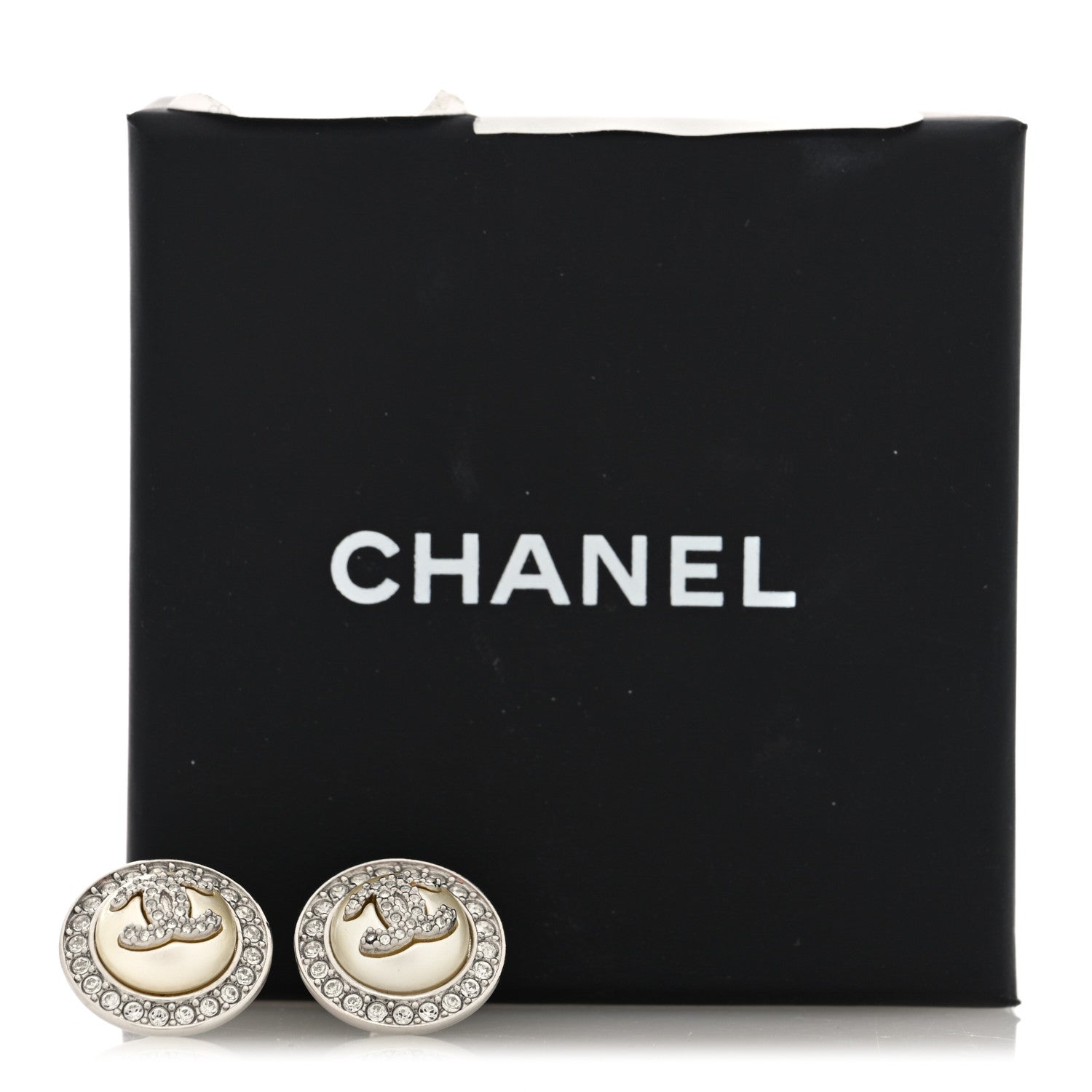 Chanel Pearl Crystal CC Round Earrings Silver 5 of 5