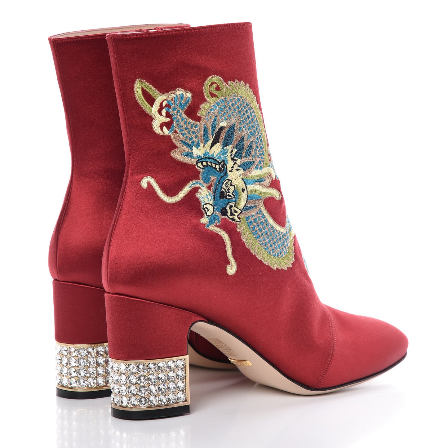 Silk Satin Malaga Kid Embroidered Candy Dragon Block-Heel Ankle Boot 38.5 Hibiscus Red