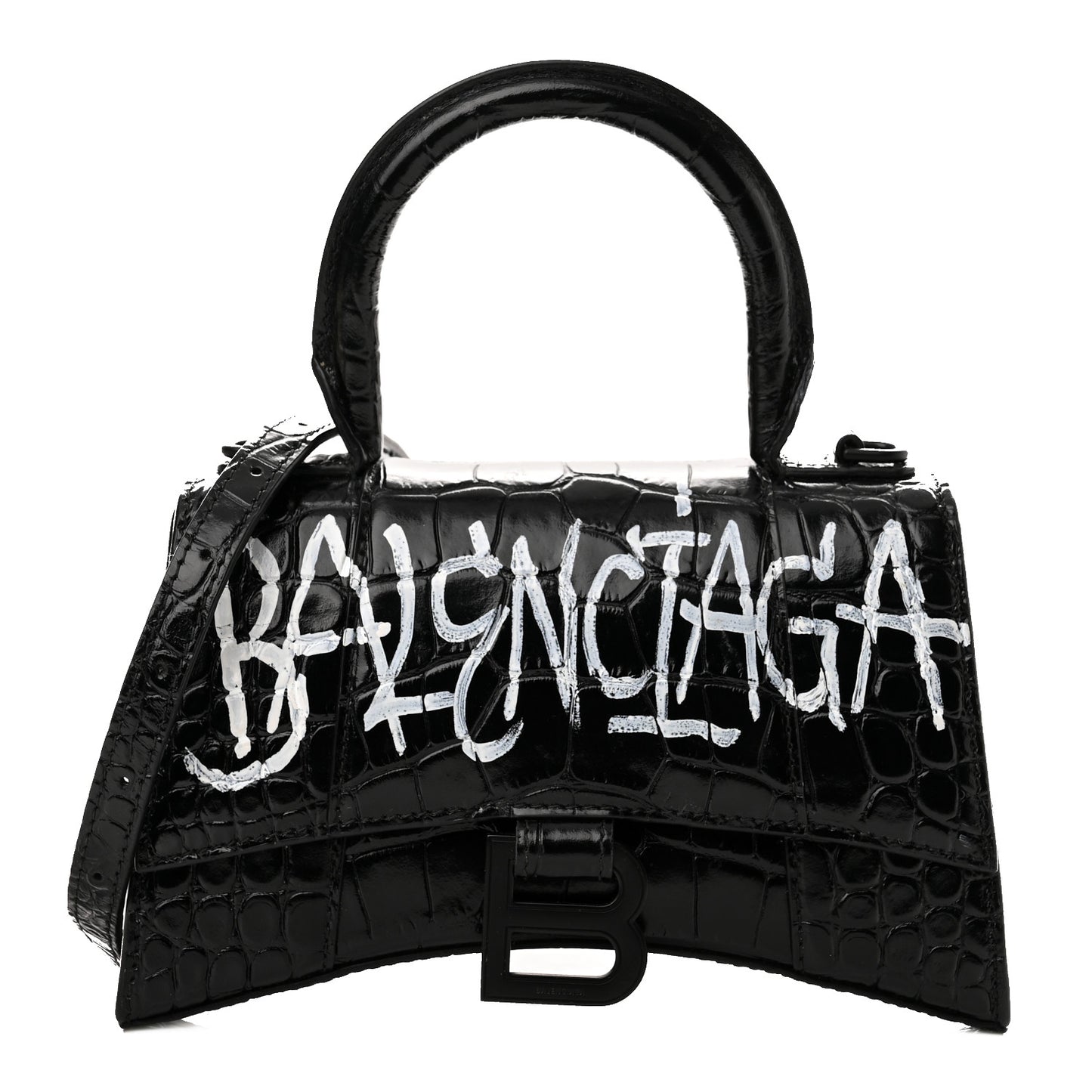 Calfskin Graffiti Logo Monochrome Crocodile Embossed Hourglass Top Handle Bag XS Black