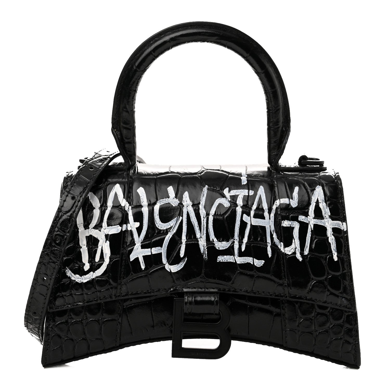 Balenciaga Calfskin Graffiti Logo Monochrome Crocodile Embossed Hourglass Top Handle Bag XS Black 1 of 14
