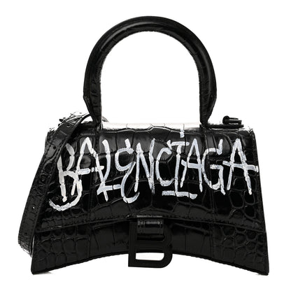 Balenciaga Calfskin Graffiti Logo Monochrome Crocodile Embossed Hourglass Top Handle Bag XS Black 1 of 14