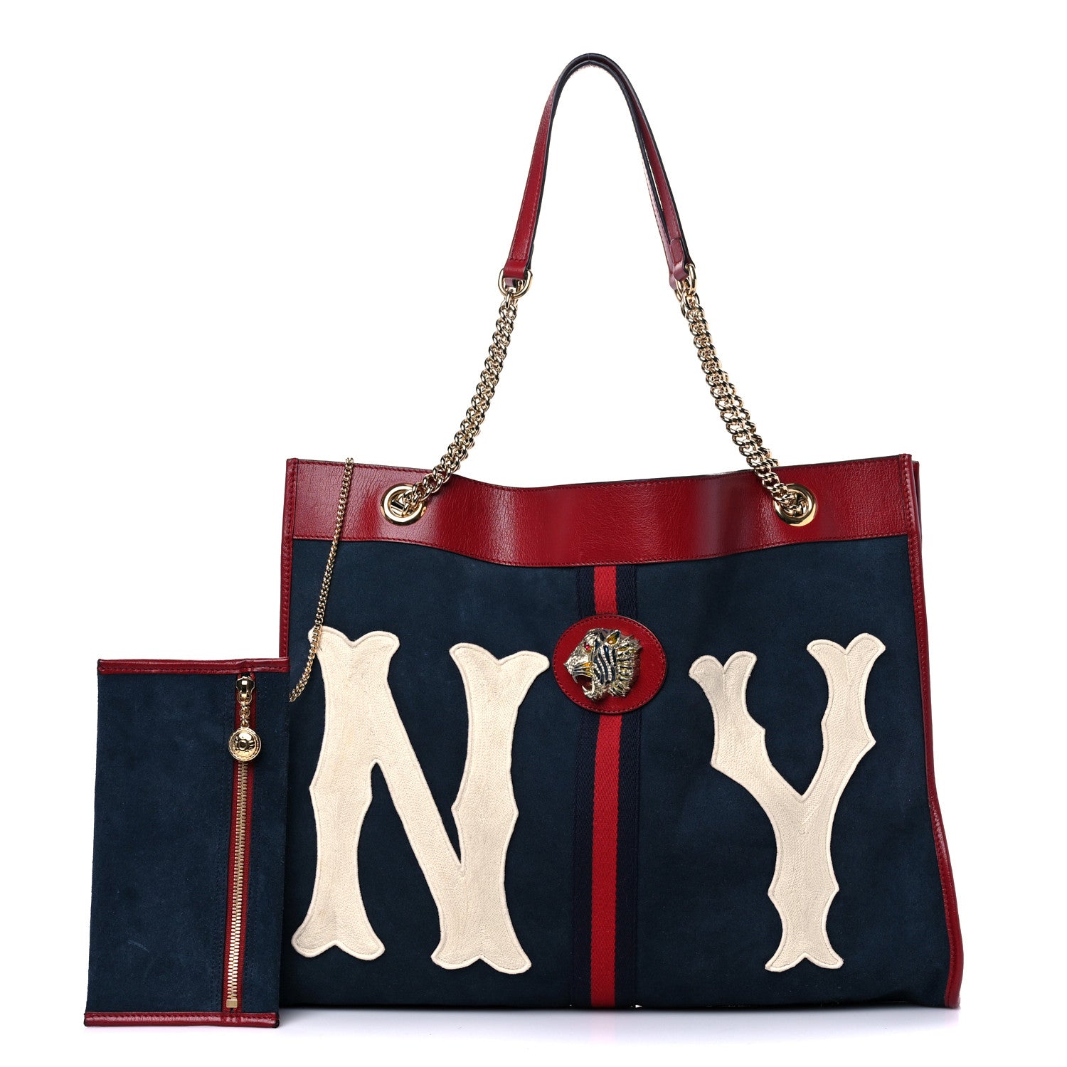 Gucci X MLB Suede Calfskin NY Yankees Large Rajah Chain Tote New Blue Romantic Cherry 1 of 19