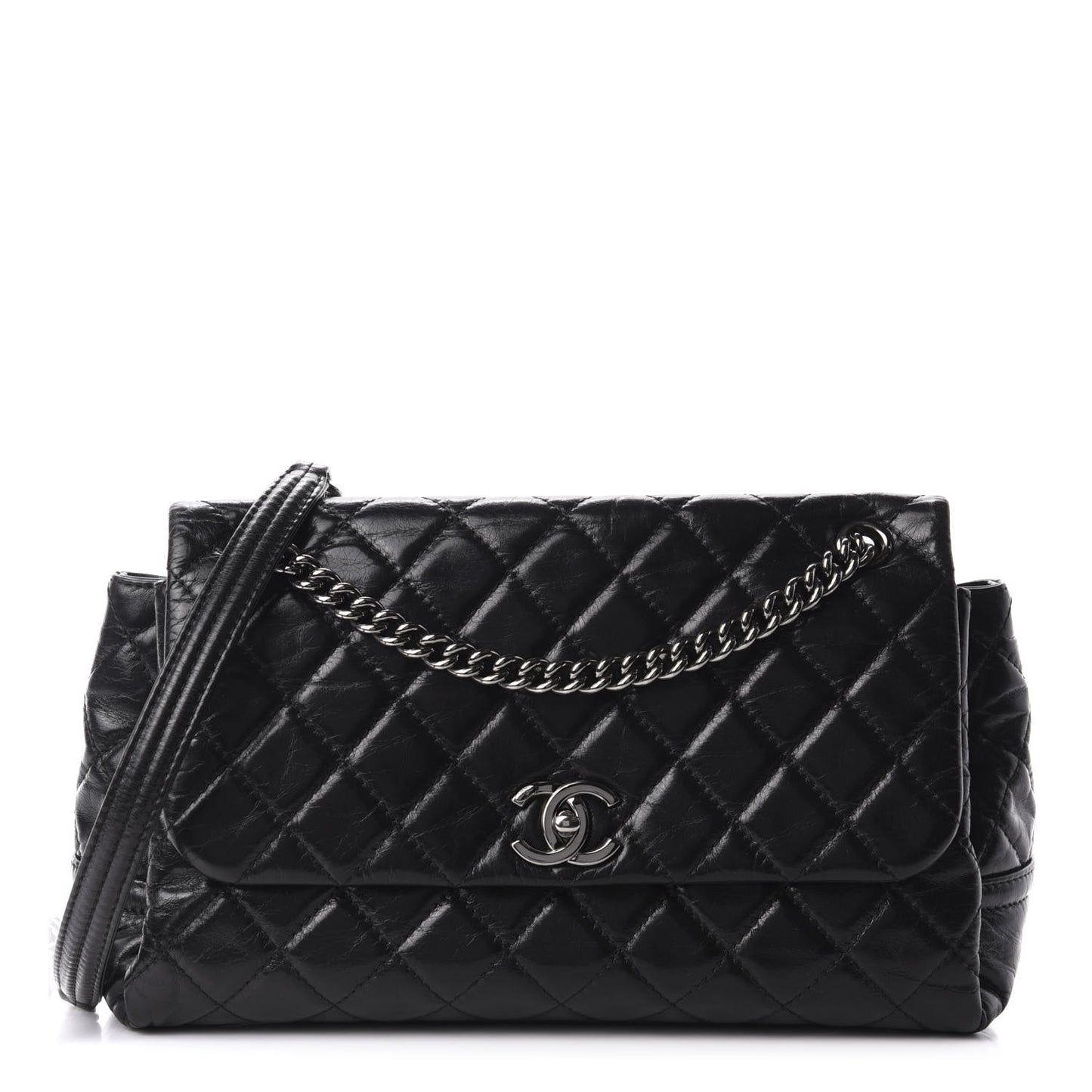 Glazed Calfskin Quilted Medium Lady Pearly Flap Black