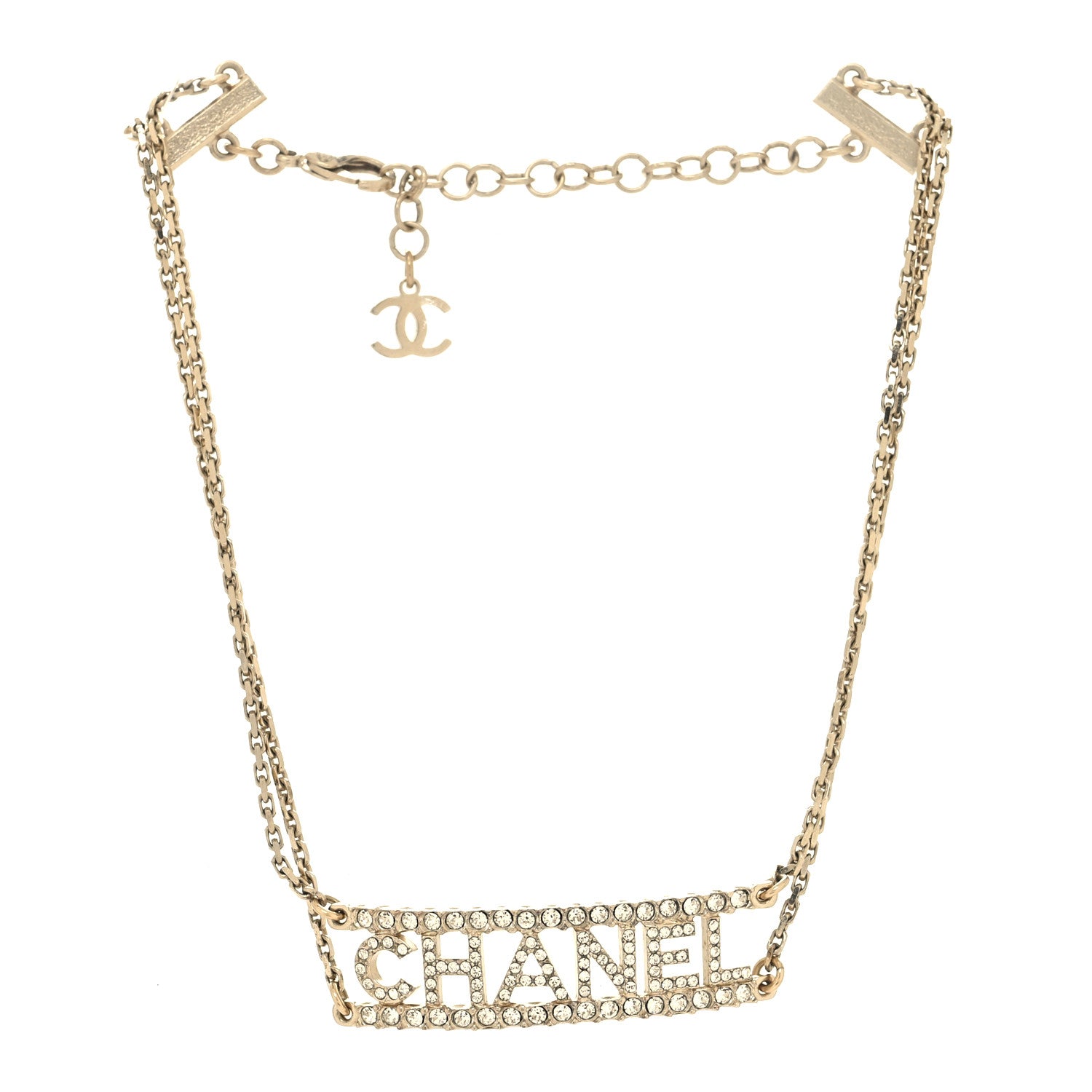 Chanel Metal Crystal Logo Choker Necklace Gold 3 of 5