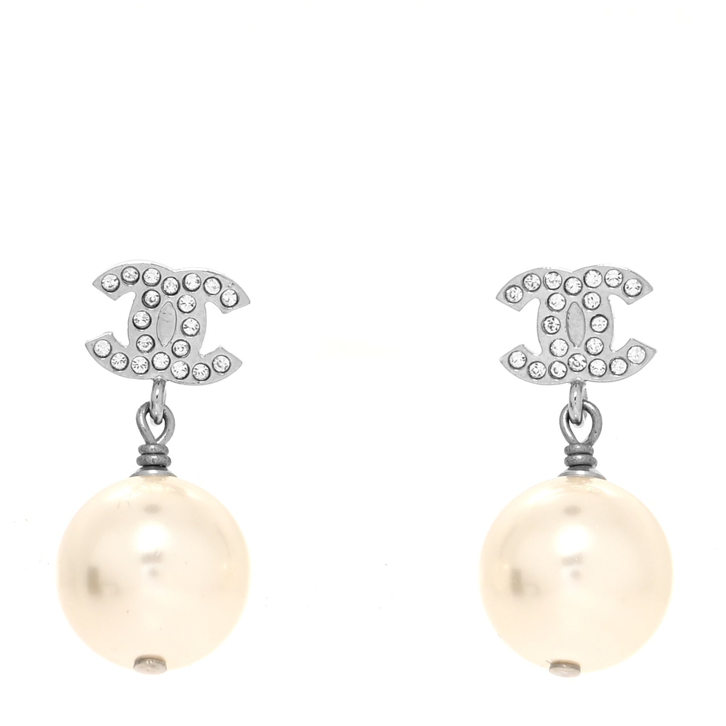 Crystal Pearl CC Drop Earrings Silver Pearly White