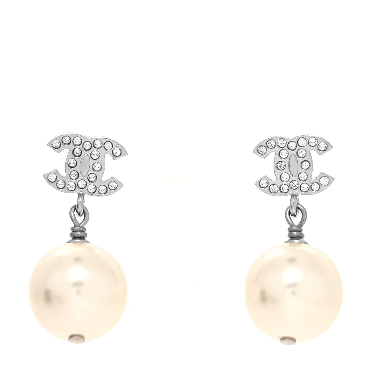 Chanel Crystal Pearl CC Drop Earrings Silver Pearly White 1 of 4