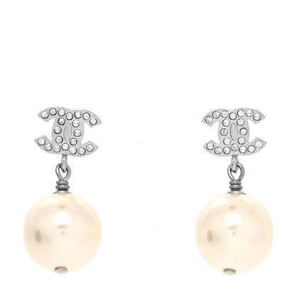 Chanel Crystal Pearl CC Drop Earrings Silver Pearly White 1 of 4