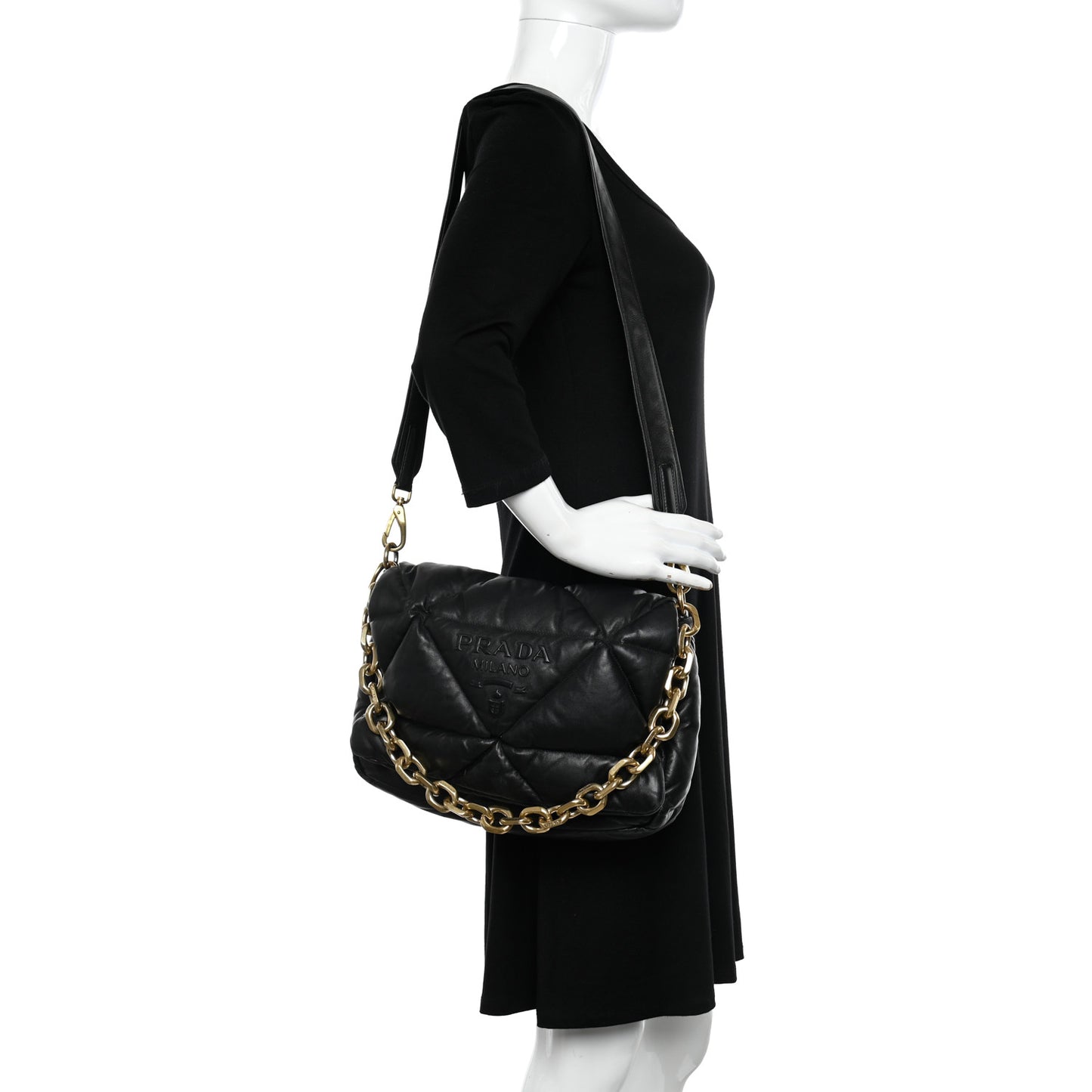Nappa Soft Padded Logo Embossed Triangle Quilted Shoulder Bag Black