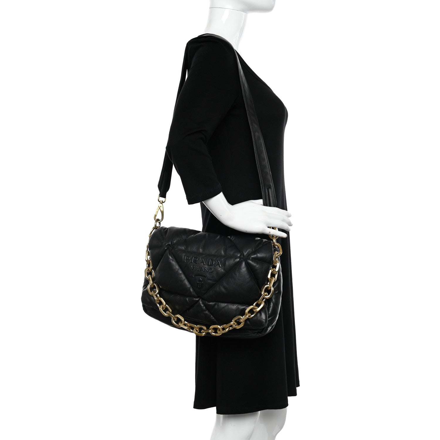 Prada Nappa Soft Padded Logo Embossed Triangle Quilted Shoulder Bag Black 2 of 10