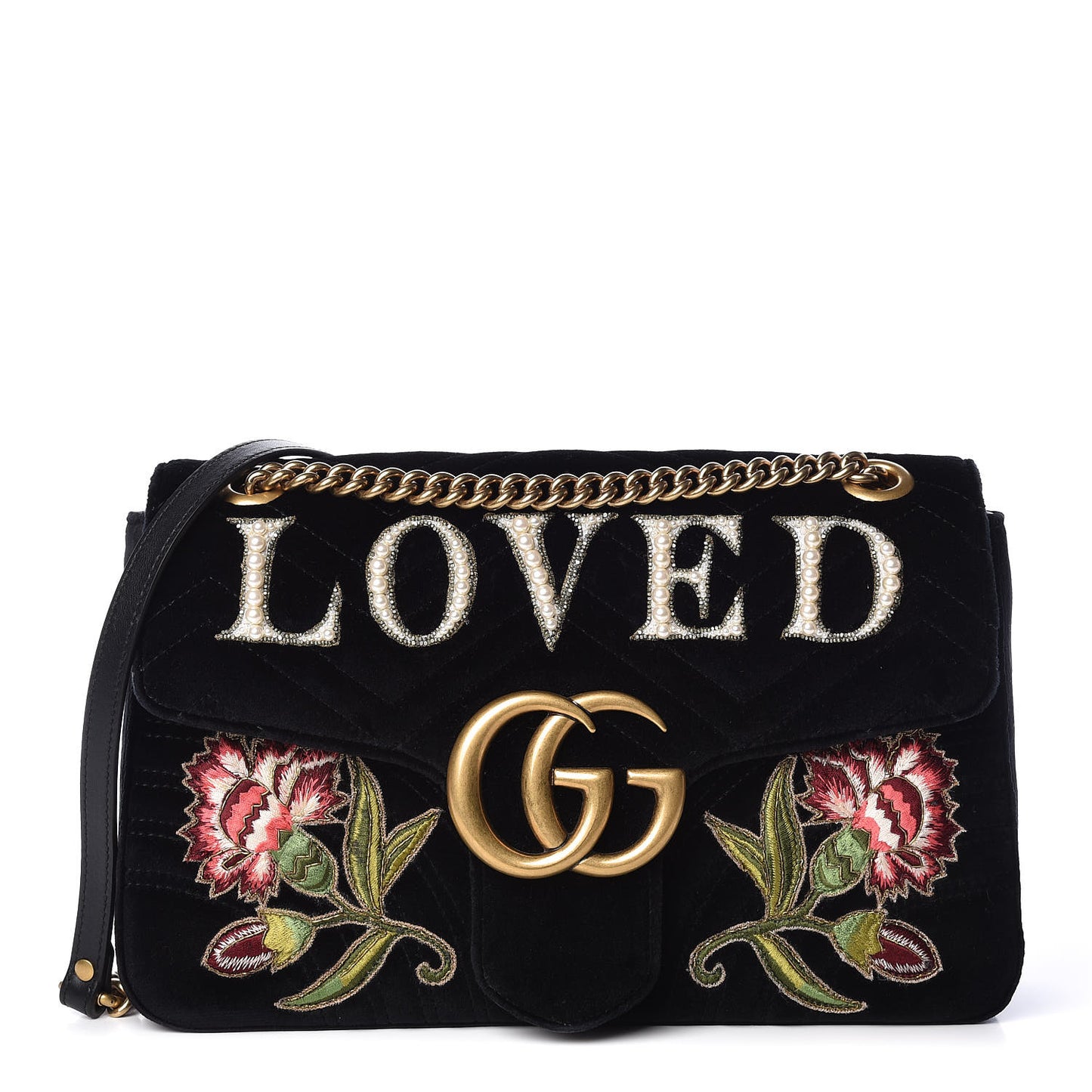Velvet Matelasse Loved Embroidered Medium GG Marmont Shoulder Bag Black