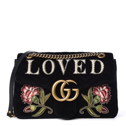 Gucci Velvet Matelasse Loved Embroidered Medium GG Marmont Shoulder Bag Black 1 of 9