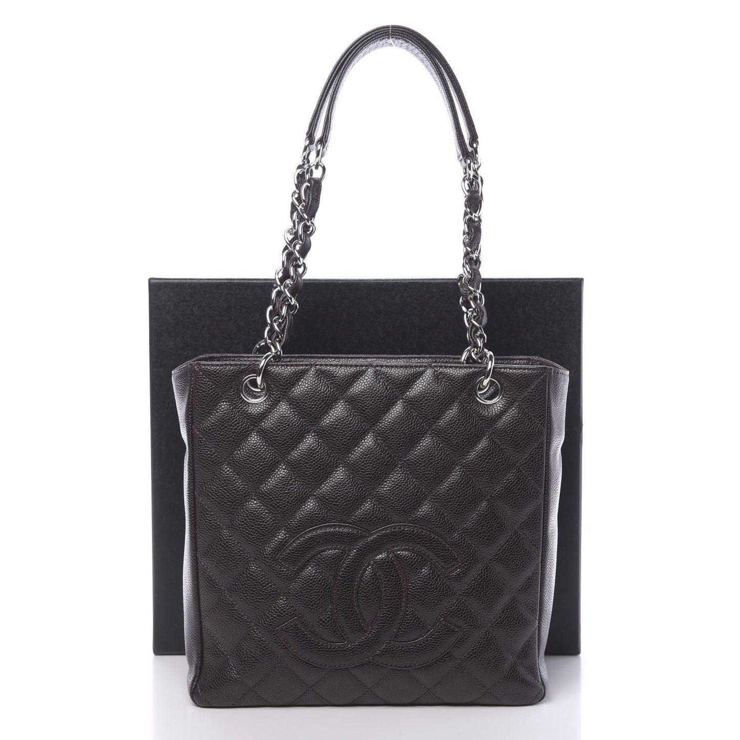 Caviar Quilted Petit Shopping Tote PST Dark Brown