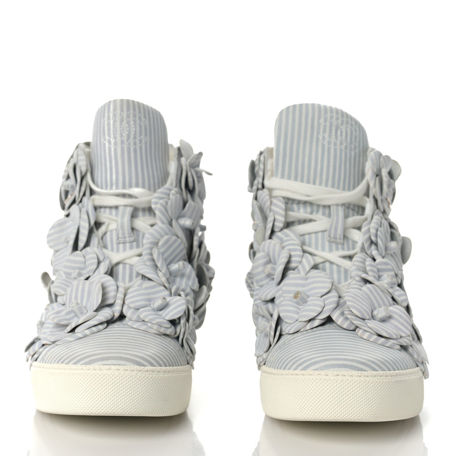 Chanel Lambskin Striped Camellia High Top Sneakers 37 Grey 2 of 8